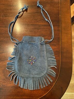 Native American handsewn Light Blue Suede Fringe Beaded Drawstring Medicine Bag